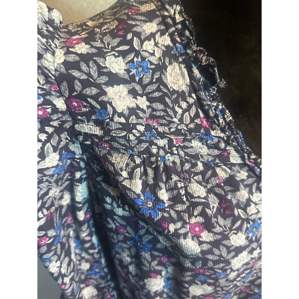 Democracy Womens Floral V-Neck Ruffle Blouse Blue 3/4 Sleeve Top L Cottagecore - Picture 8 of 16